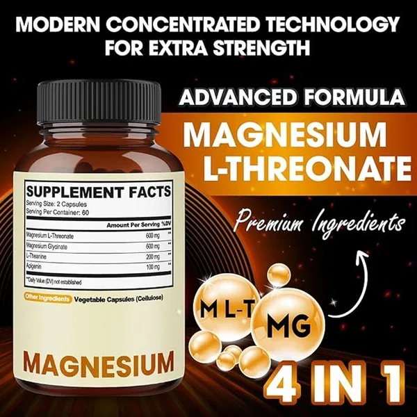 Magnesium — L‑Threonate · Glycinate · L‑Theanine · Apigenin — 4 in 1 Supplement — 120 Vegan Capsules